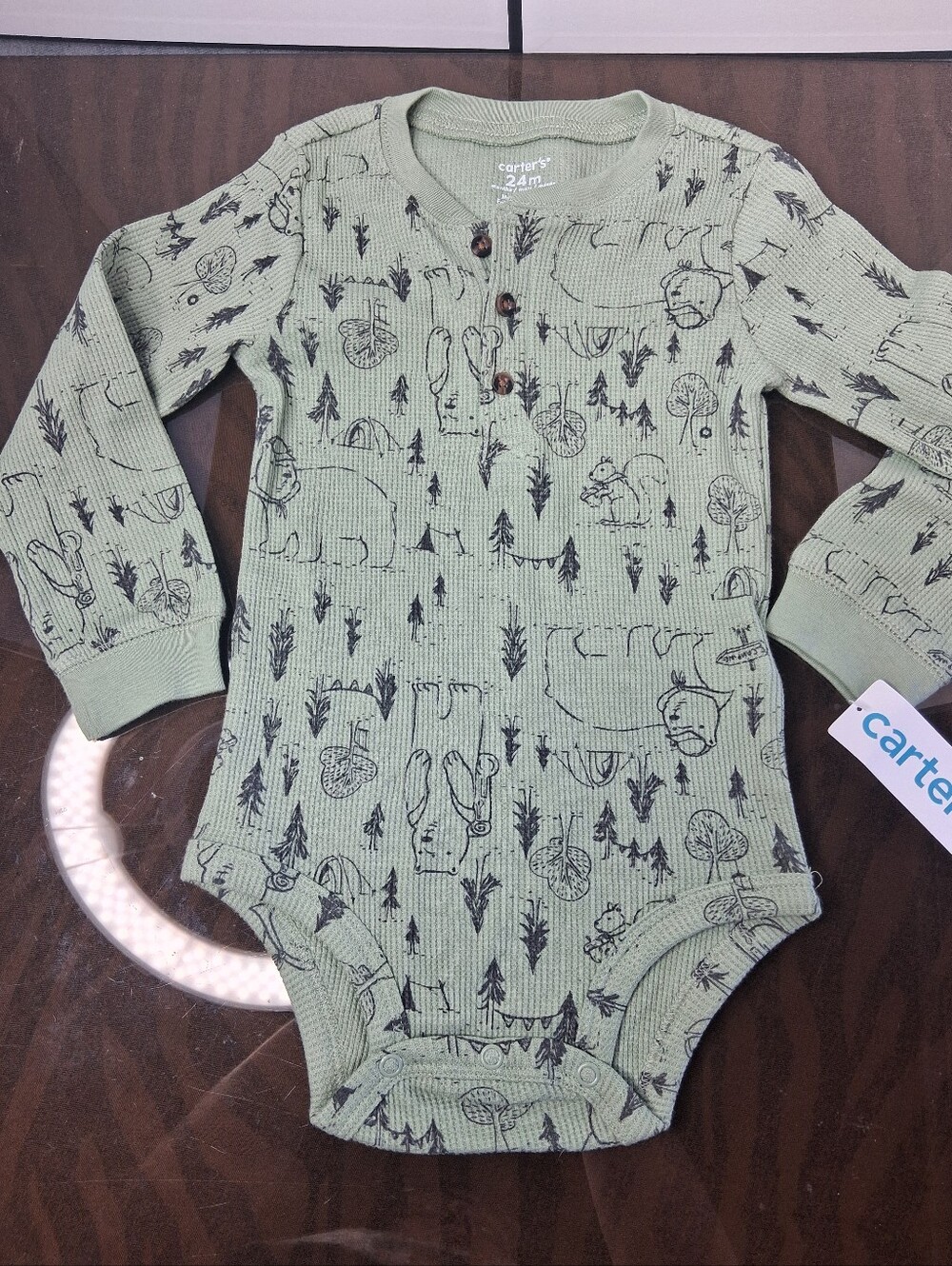 Carter's Sage Green Long-Sleeve Baby One-Piece with Woodland Sketches